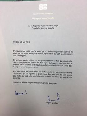  Le Club entrepreneur du Cégep de Chicoutimi a reçu une lettre du Premier ministre M. Philippe Couillard pour leur victoire régionale au Défi OSEntreprendre 2018.