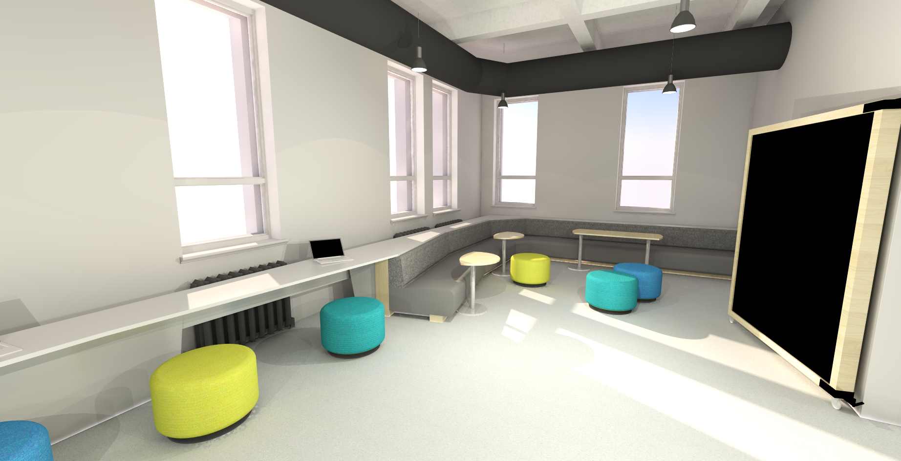 Dessin 3D représentant un espace pour les étudiants, l'aire commune.